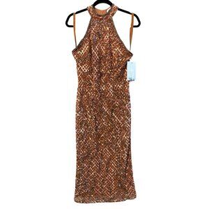 New Mac Duggal Copper Beaded Sequins Midi Halter Dress Size 8